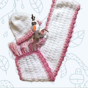 Custom made Girls Knit Pink and White Scarf and Hat with Tassels Size 6